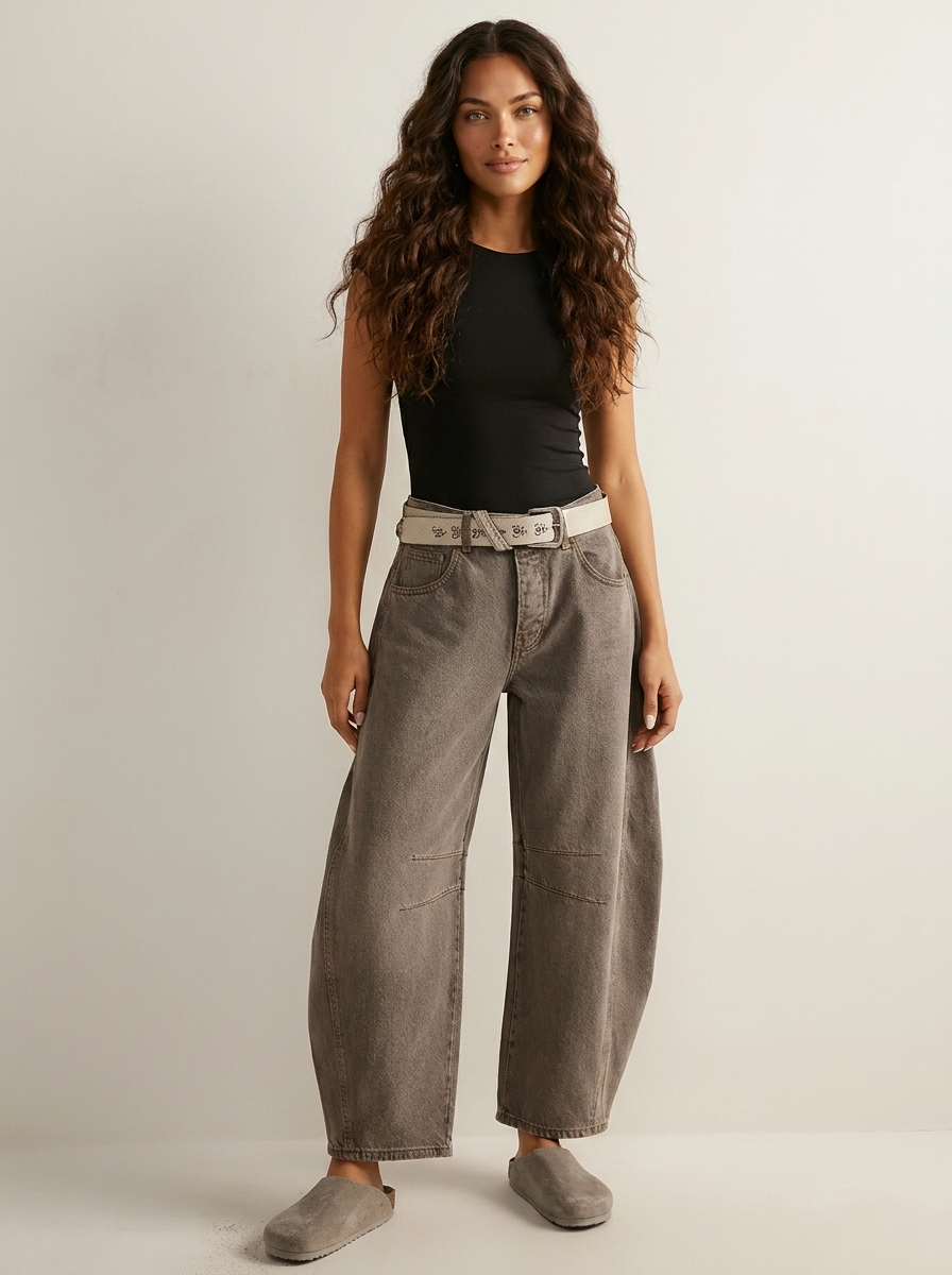 Women's High Waist Barrel Leg Jeans with Relaxed Tapered Fit - Brown