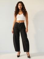 Women's High Waist Barrel Leg Jeans with Relaxed Tapered Fit - Black