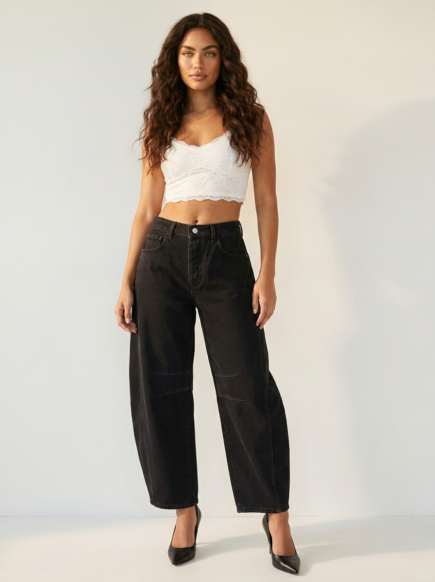 Women's High Waist Barrel Leg Jeans with Relaxed Tapered Fit - Black