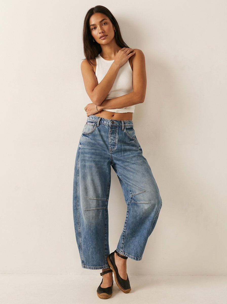 Women's High Waist Barrel Leg Jeans with Relaxed Tapered Fit - Navy