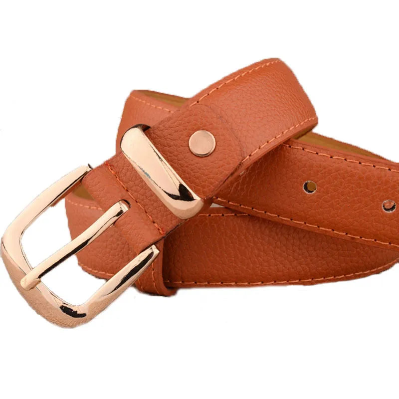 Leather Belt with Gold-Tone Buckle and Textured Finish - 9