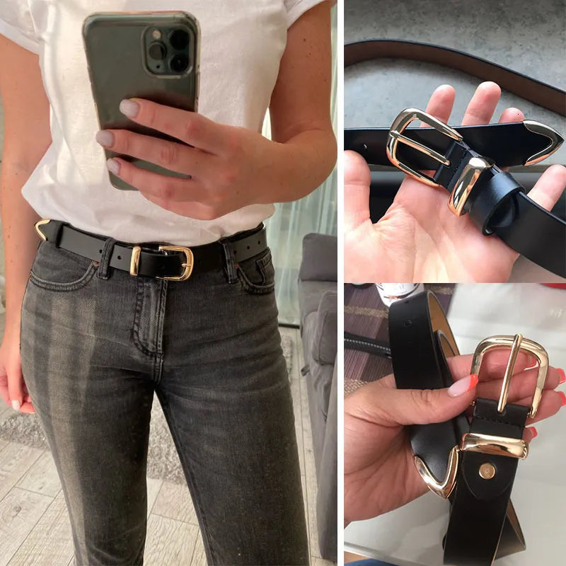 Leather Belt with Gold-Tone Buckle and Textured Finish - 11