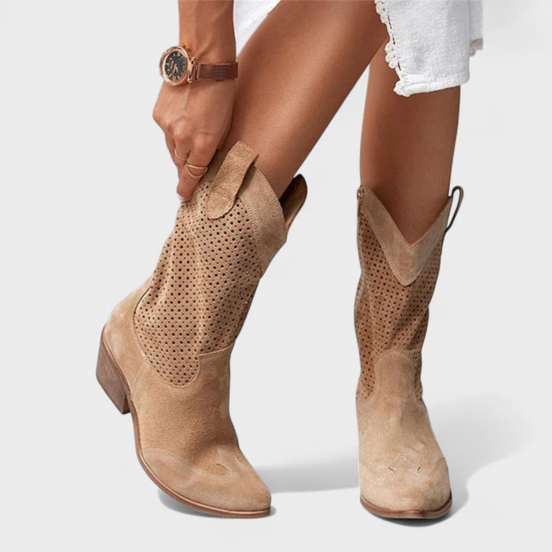 Women's Western Boots with Perforated Panel Detail - Brown