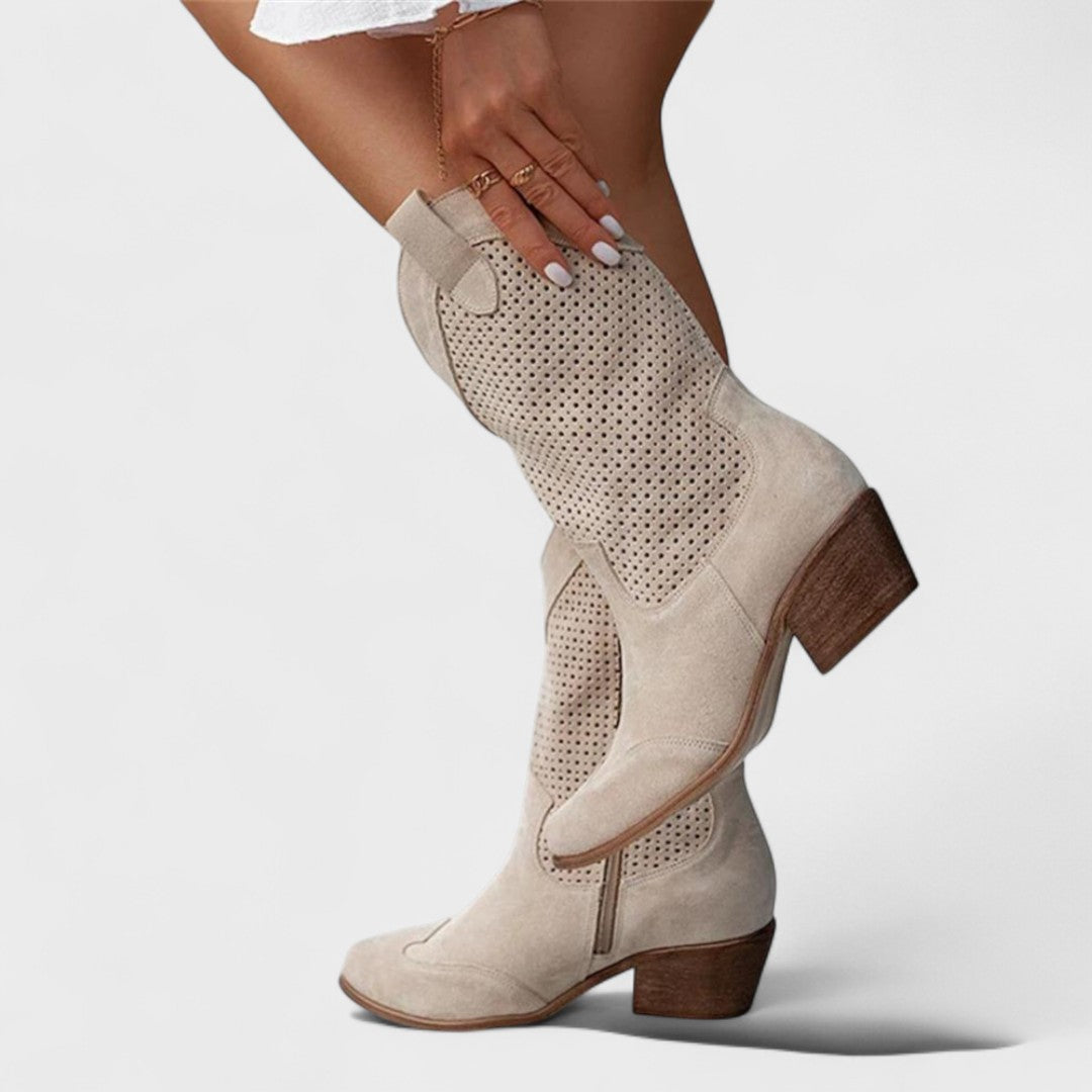 Women's Western Boots with Perforated Panel Detail - Beige