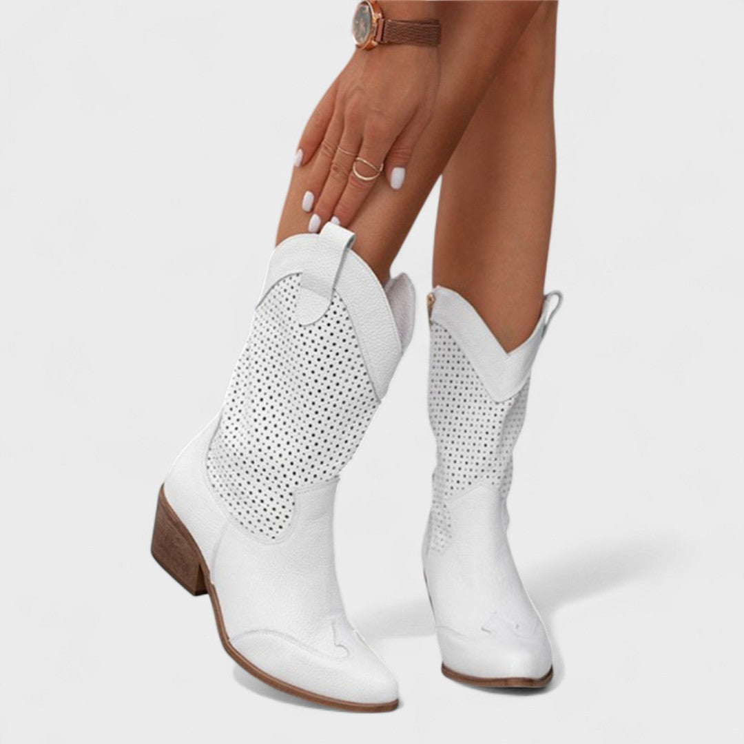 Women's Western Boots with Perforated Panel Detail - White