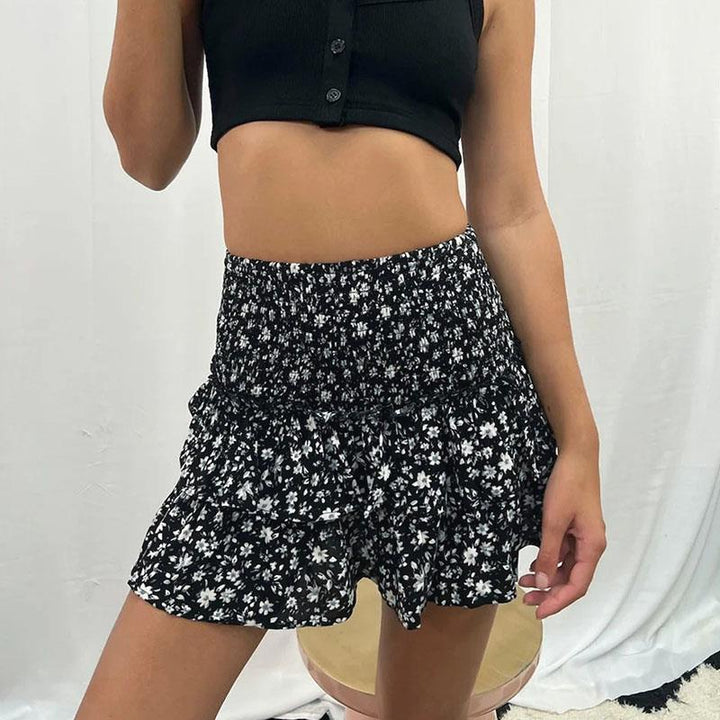 Women's Mini Skirt with Elastic Waistband and Ruffle Hem - Black Floral