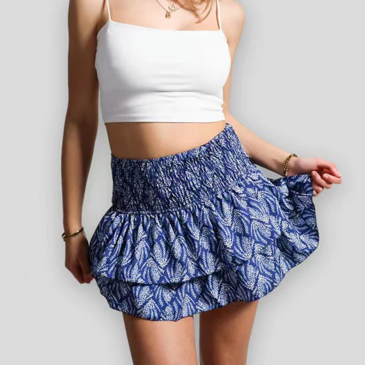 Women's Mini Skirt with Elastic Waistband and Ruffle Hem - Dark Blue