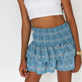 Women's Mini Skirt with Elastic Waistband and Ruffle Hem - Blue