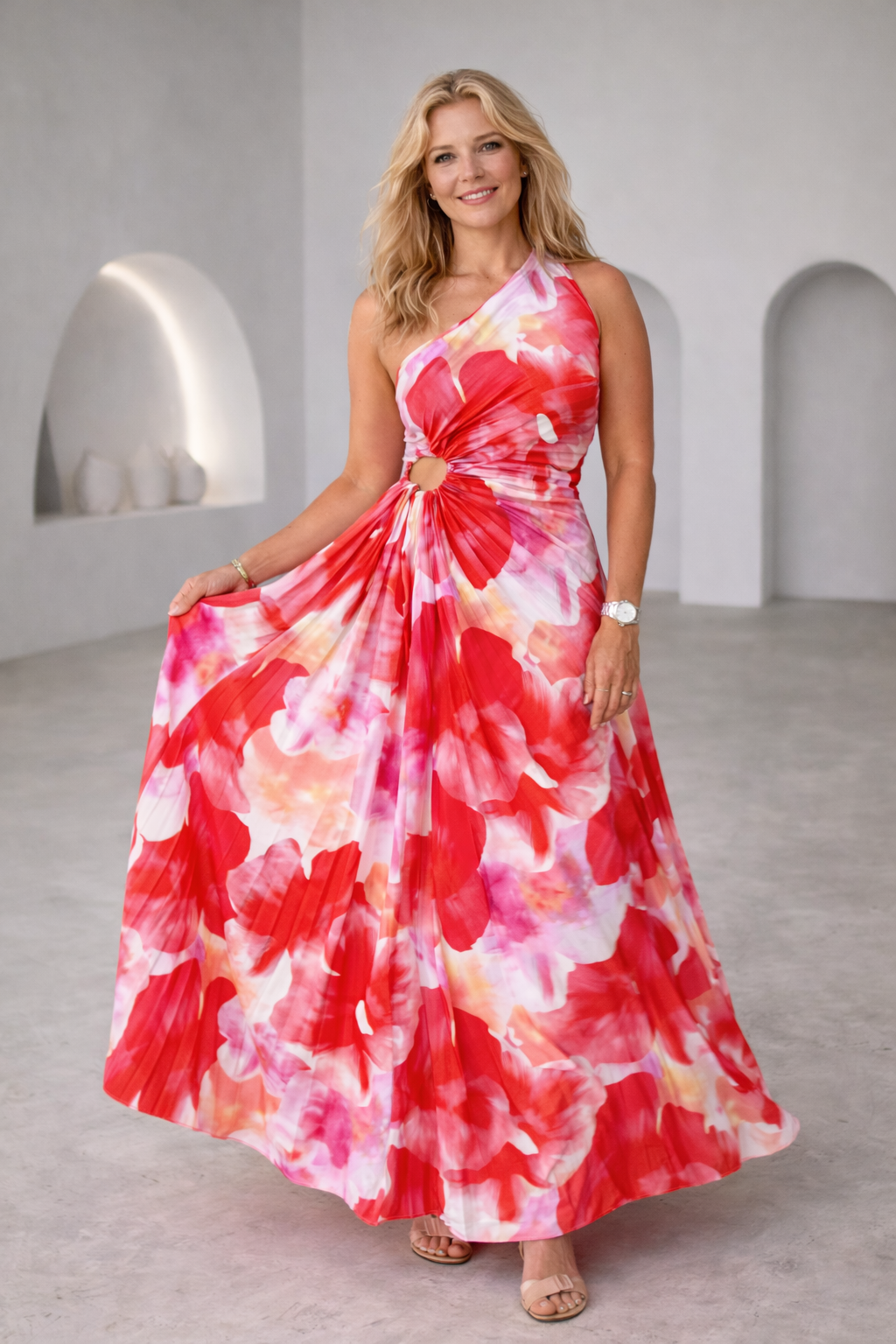Women's Maxi Dress One Shoulder with Ring Detail and A-line Skirt - 2