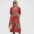 Women's Midi Dress with V-Neck and Short Sleeves - Red