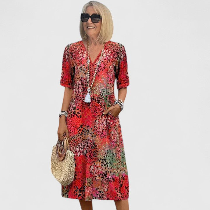 Women's Midi Dress with V-Neck and Short Sleeves - Red