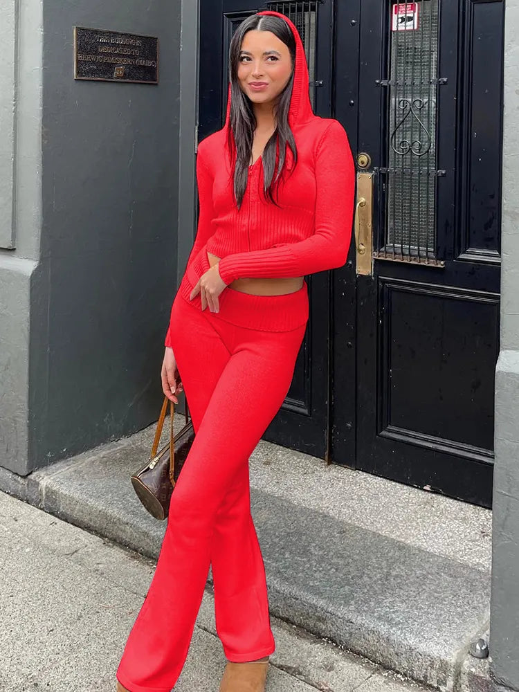 Women's Zip Front Lounge Set with Cropped Top and Flared Trousers - 15