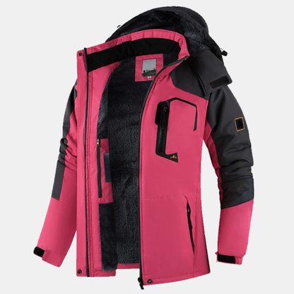 Women's Fleece Lined Hooded Zip Up Windbreaker Jacket - Rose Red