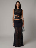 Women's Lace Co-Ord Set Sleeveless Crop Top and Maxi Skirt - Black