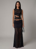 Women's Lace Co-Ord Set Sleeveless Crop Top and Maxi Skirt - Black