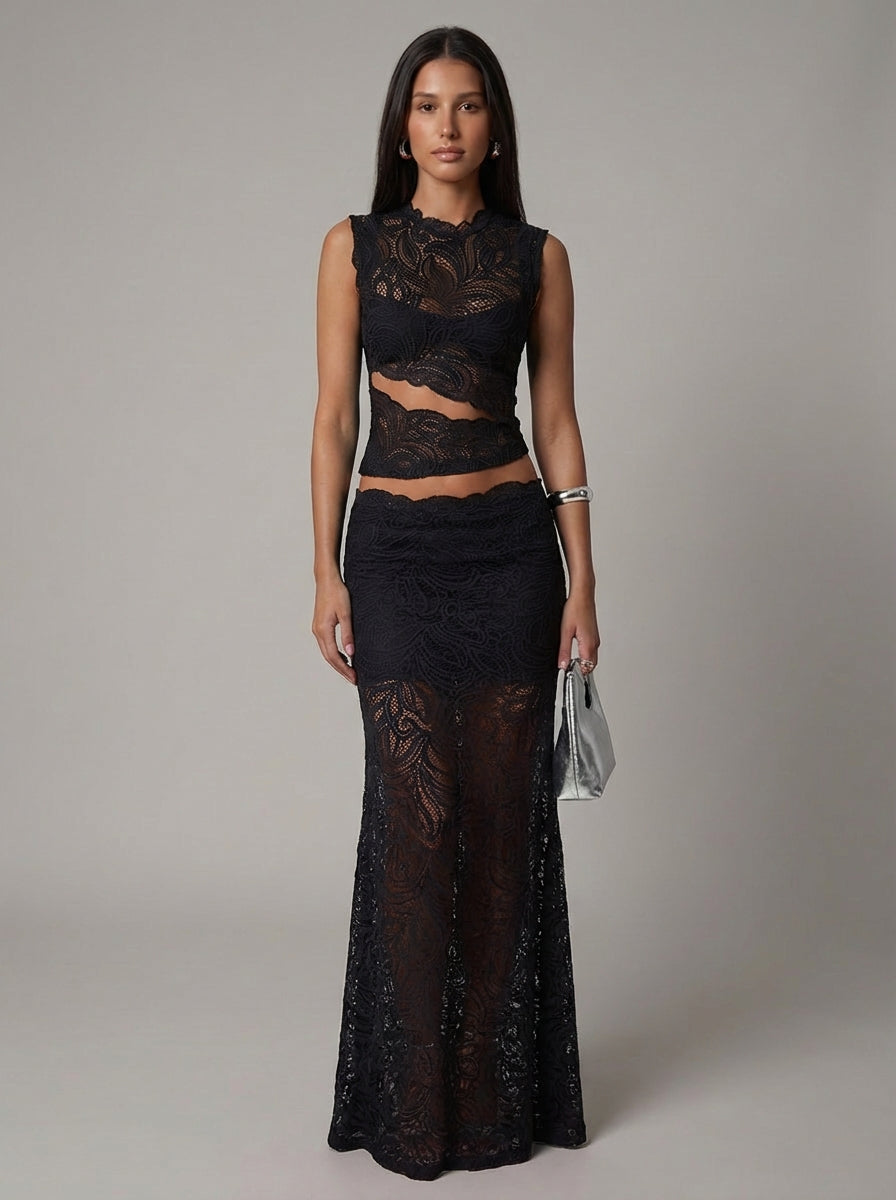 Women's Lace Co-Ord Set Sleeveless Crop Top and Maxi Skirt - Black