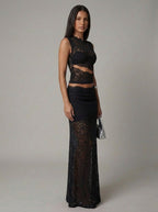 Women's Lace Co-Ord Set Sleeveless Crop Top and Maxi Skirt - 8