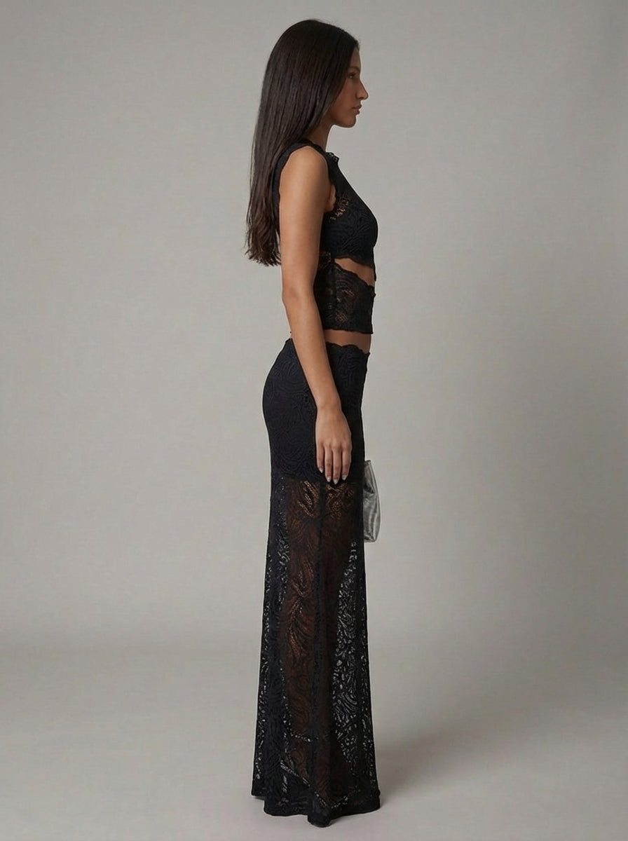 Women's Lace Co-Ord Set Sleeveless Crop Top and Maxi Skirt - 10