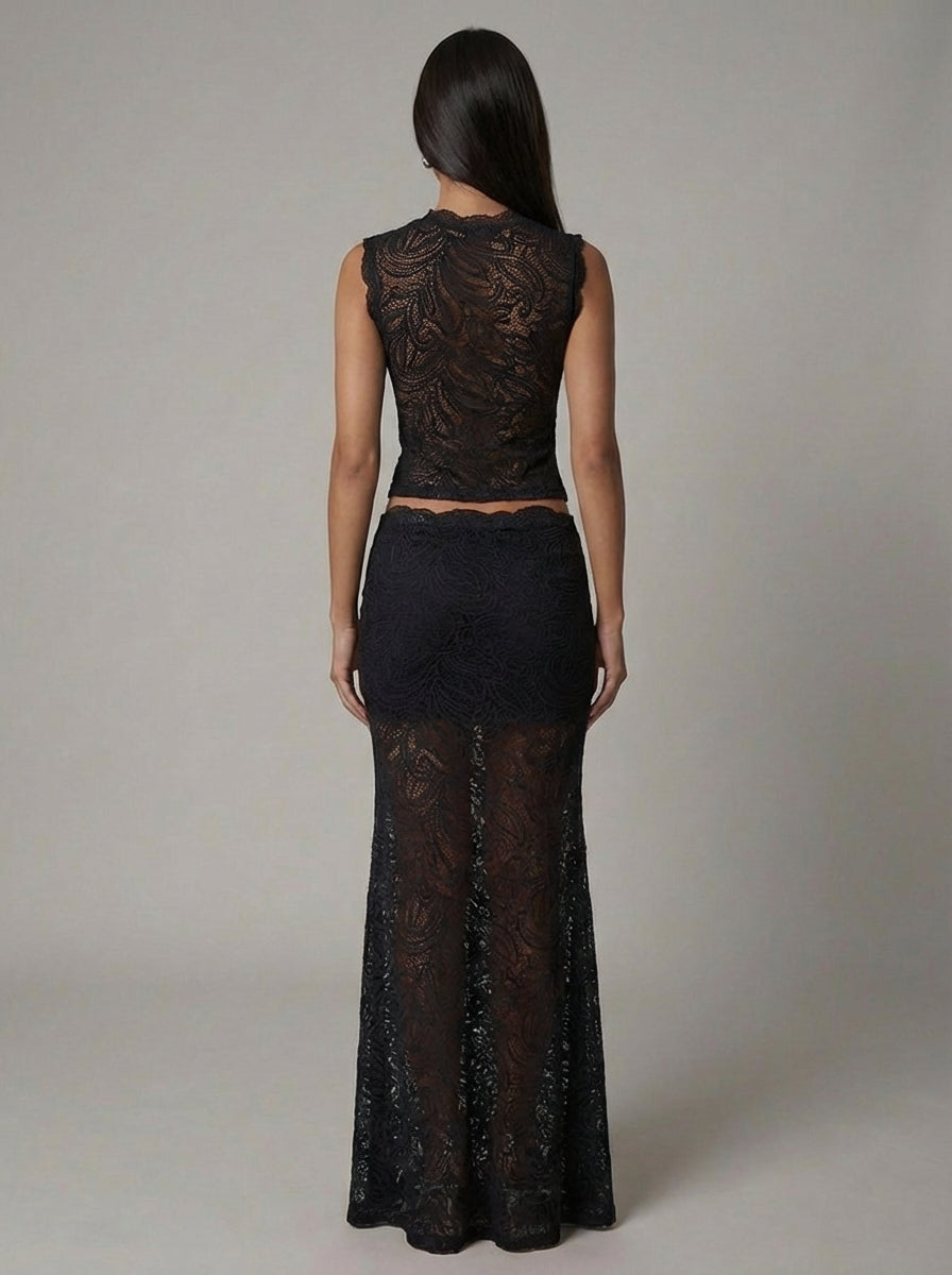 Women's Lace Co-Ord Set Sleeveless Crop Top and Maxi Skirt - 9