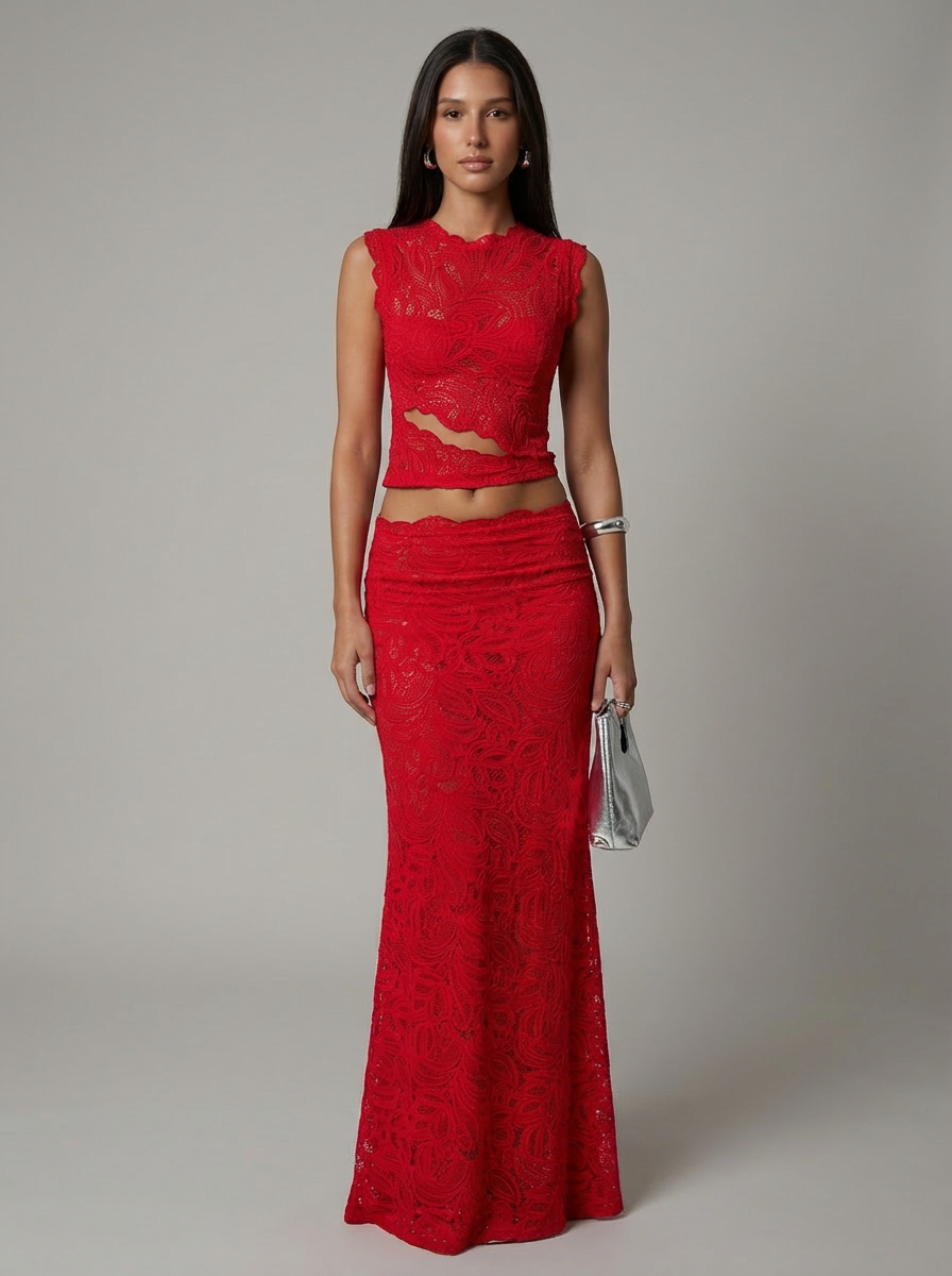 Women's Lace Co-Ord Set Sleeveless Crop Top and Maxi Skirt - Red