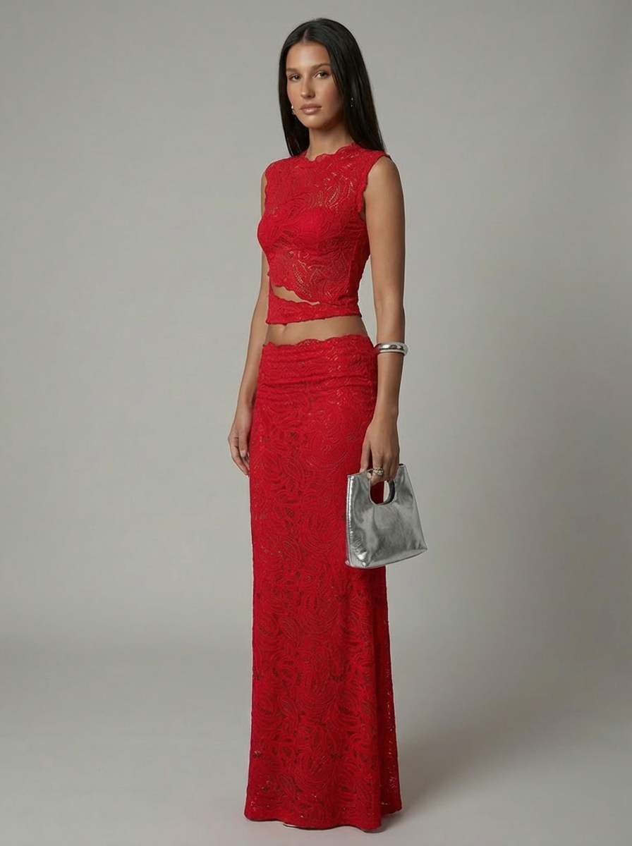 Women's Lace Co-Ord Set Sleeveless Crop Top and Maxi Skirt - 3