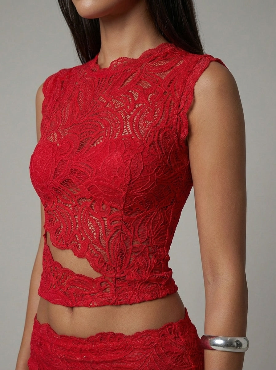 Women's Lace Co-Ord Set Sleeveless Crop Top and Maxi Skirt - 6