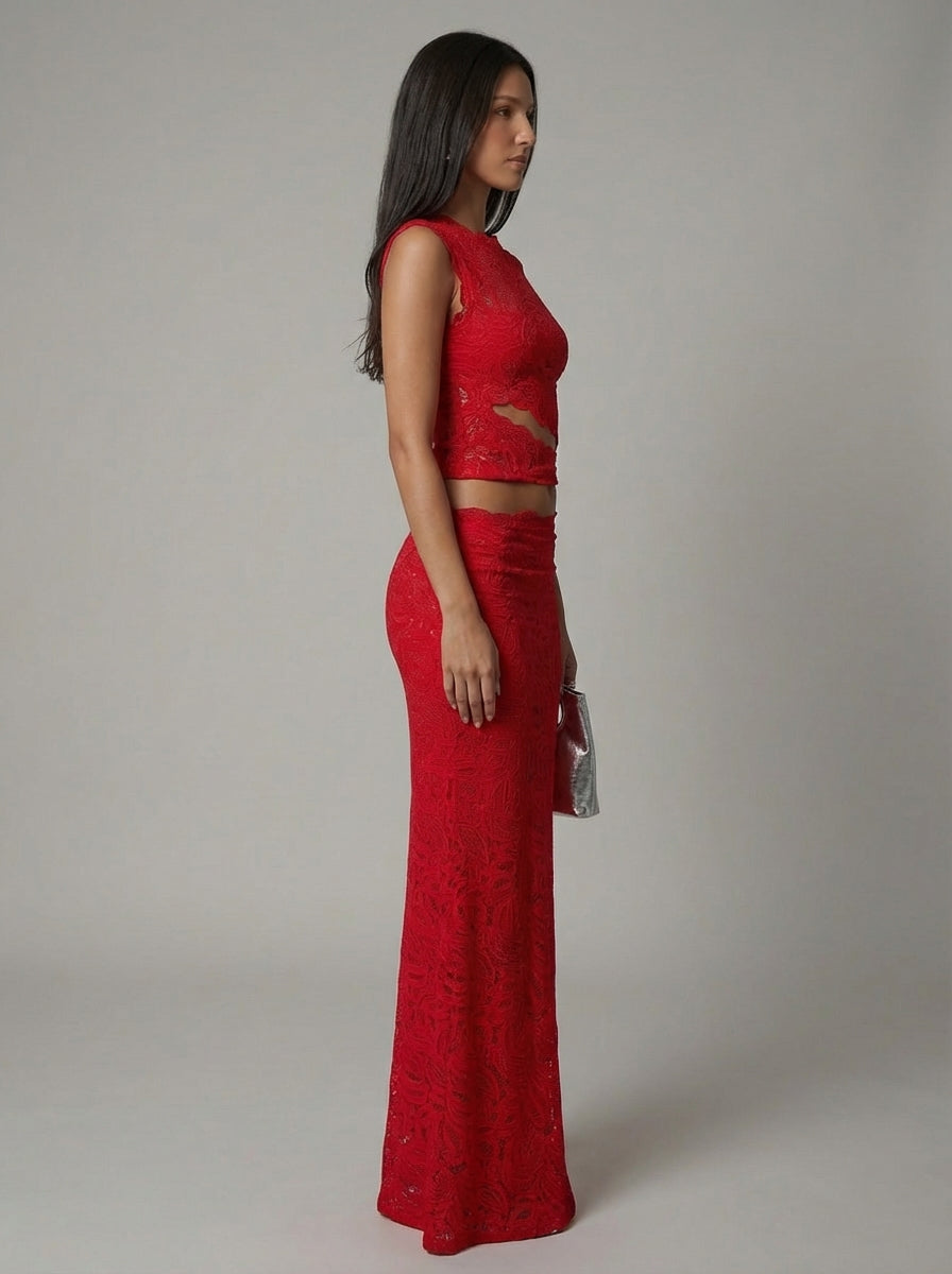Women's Lace Co-Ord Set Sleeveless Crop Top and Maxi Skirt - 5