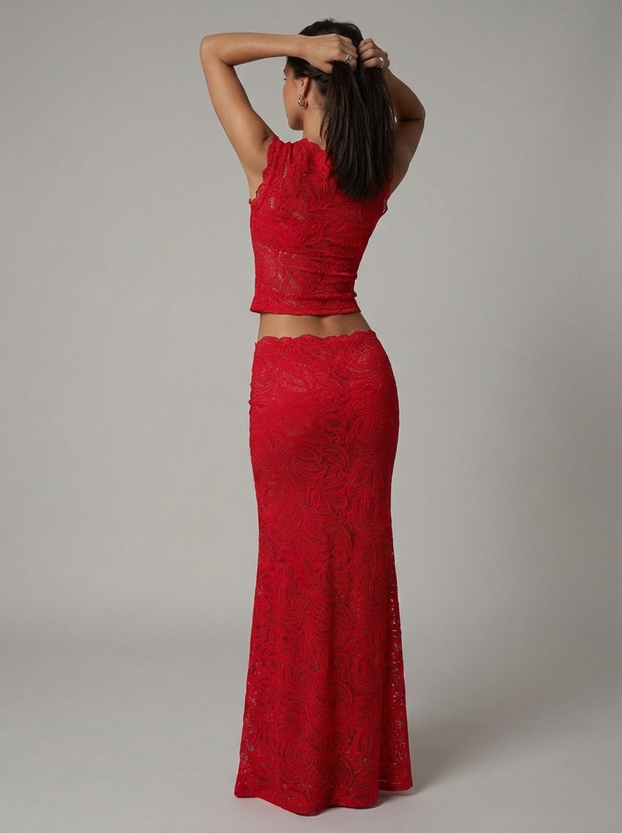 Women's Lace Co-Ord Set Sleeveless Crop Top and Maxi Skirt - 4