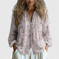Women's Blouse Long Sleeve with Floral Print and V-Neck - Pink
