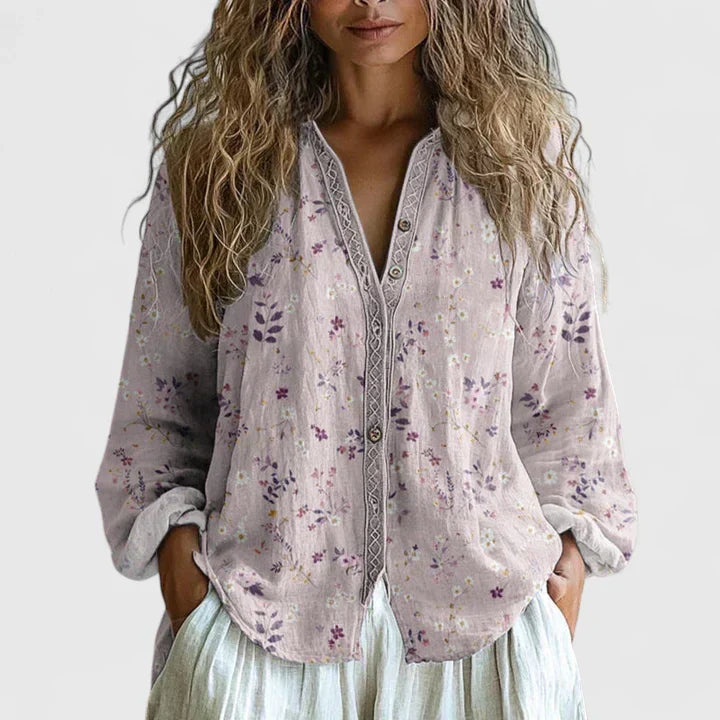 Women's Blouse Long Sleeve with Floral Print and V-Neck - Pink