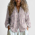 Women's Blouse with Leaf Print and V-Neck Long Sleeves - Pink