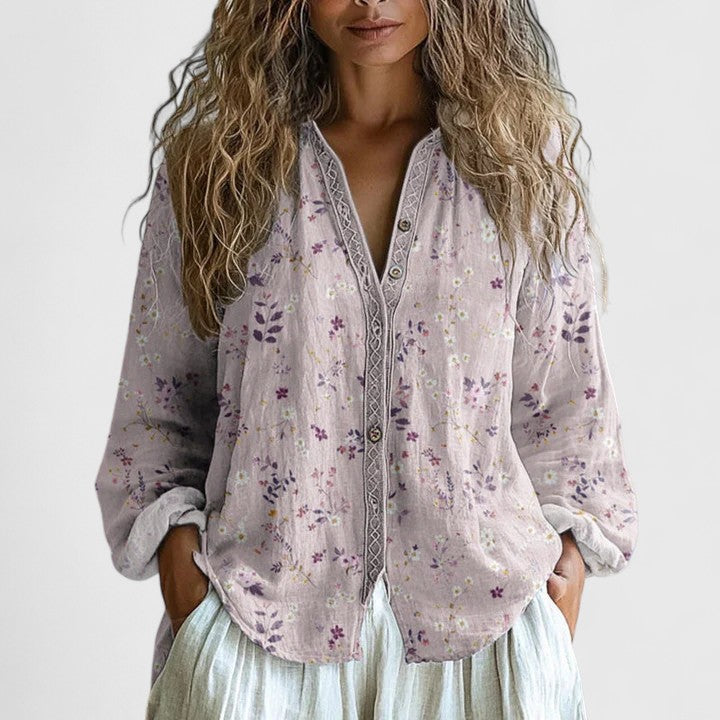 Women's Blouse with Leaf Print and V-Neck Long Sleeves - Pink