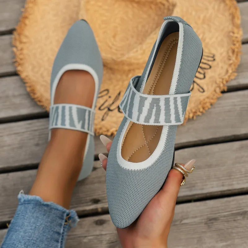 Women's Pointed-Toe Ballet Flats with Elastic Ankle Strap - Gray