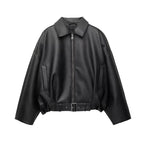 Women's Faux Leather Bomber Jacket with Belted Waist and Point Collar - Black