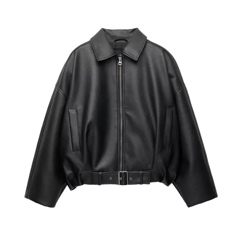 Women's Faux Leather Bomber Jacket with Belted Waist and Point Collar - Black