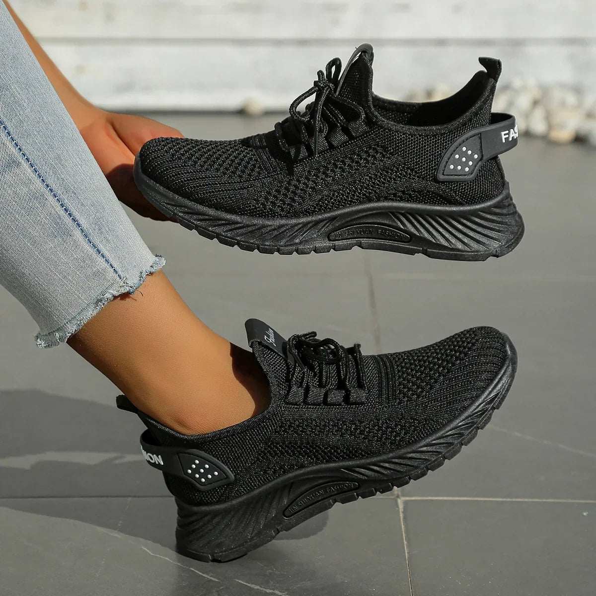 Women's Knit Trainers with Lace-Up Front and Flexible Sole - Black