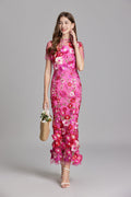 Women's Midi Dress Floral Appliqué with High Neckline and Sheer Sleeves - Pink