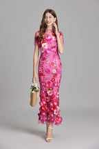 Women's Midi Dress Floral Appliqué with High Neckline and Sheer Sleeves - Pink