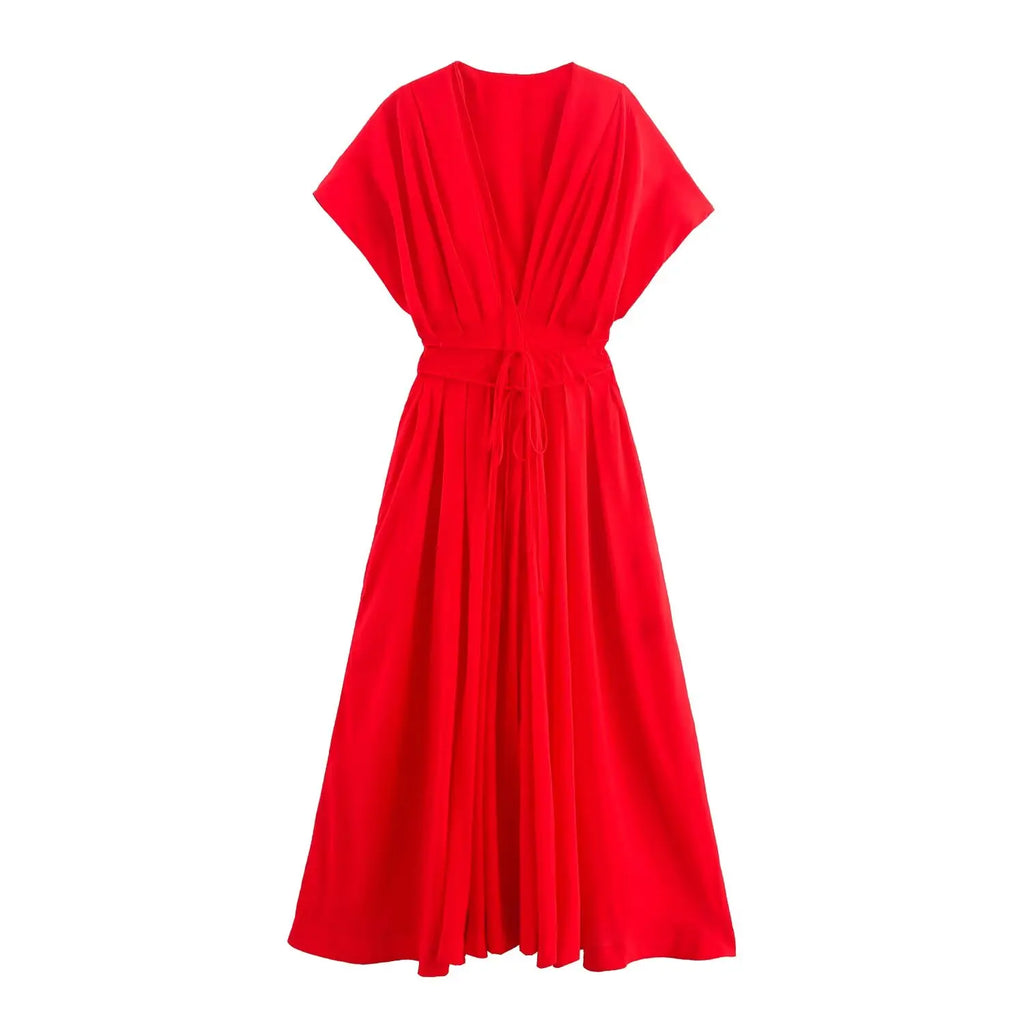 Women's Midi Dress with V-Neck and Tie Waist - Red