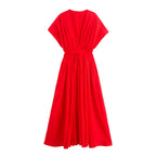 Women's Midi Dress with V-Neck and Tie Waist - Red