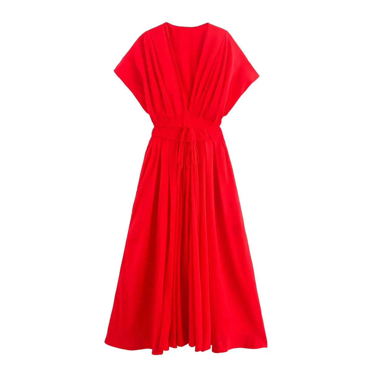 Women's Midi Dress with V-Neck and Tie Waist - Red