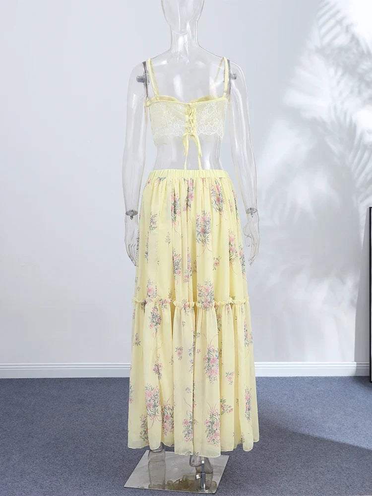 Women's Two-Piece Set Lace Bralette with Floral Tiered Maxi Skirt - 7