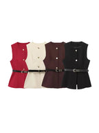 Women's Waistcoat Sleeveless with Gold Buttons and Belted Waist - 2