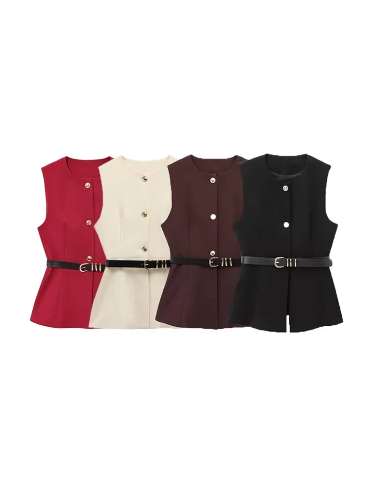 Women's Waistcoat Sleeveless with Gold Buttons and Belted Waist - 2