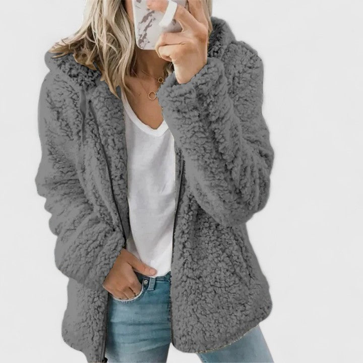 Women's Textured Longline Jacket with Hood and Zip Fastening - Dark Grey