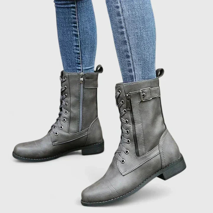 Women's Lace-Up Combat Boots with Buckle and Zip Detail - Grey