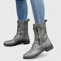 Women's Lace-Up Combat Boots with Buckle and Zip Detail - Grey