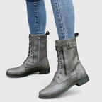 Women's Lace-Up Combat Boots with Buckle and Zip Detail - Grey