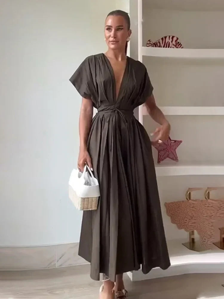Women's Midi Dress with V-Neck and Tie Waist - 3