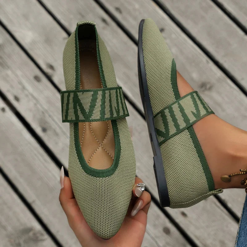 Women's Pointed-Toe Ballet Flats with Elastic Ankle Strap - Green